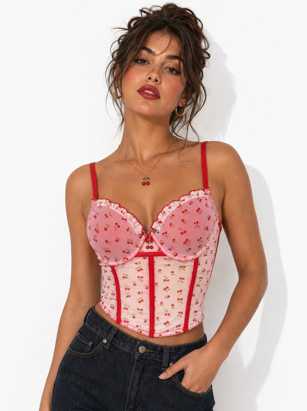 NWT Y2K Rampage Intimates Cherry Print Corset Bustier Top 34B Coquette
